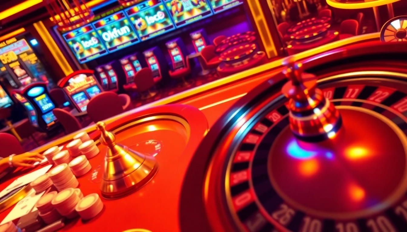 Players enjoy a vibrant casino experience at Okfun, featuring poker chips, cards, and a spinning roulette wheel.