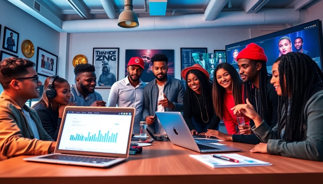 Vibrant scene of a hip hop PR firm showcasing publicists collaborating to elevate artists' careers.