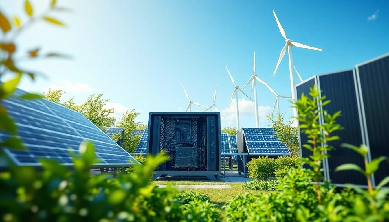 A cutting-edge crypto mining app showcased in a renewable energy environment featuring solar panels and wind turbines.