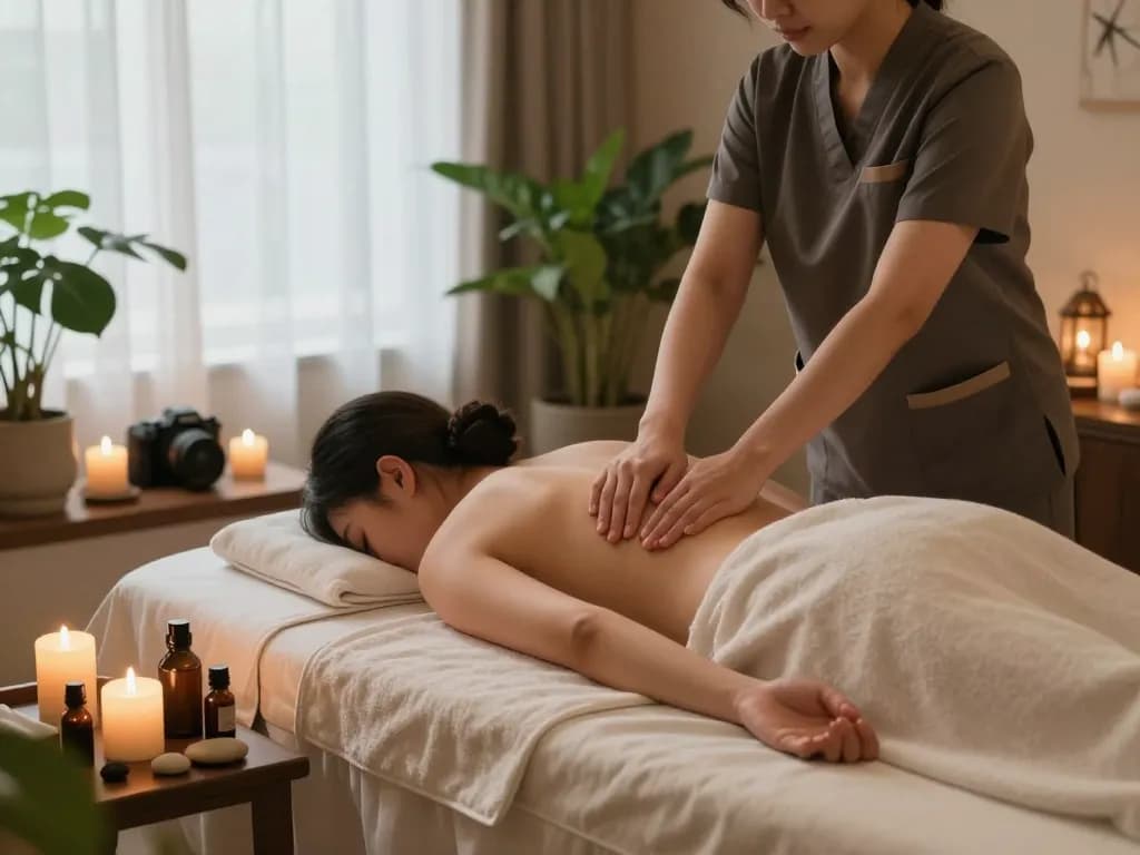 편안한 스파 환경에서 진정 세부 사항과 함께 이완적인 강남마사지 서비스를 제공하는 전문 치료사.
