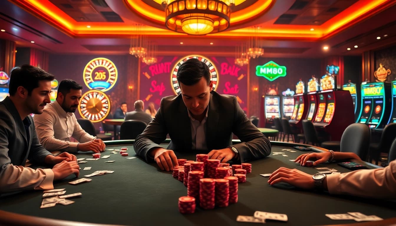 MM88 players strategically placing bets at a glamorous poker table in a casino.