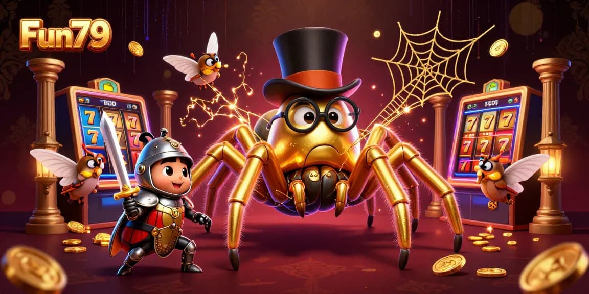 Experience thrilling moments at Fun79 with a brave beetle knight facing a golden tarantula in an energetic casino scene.