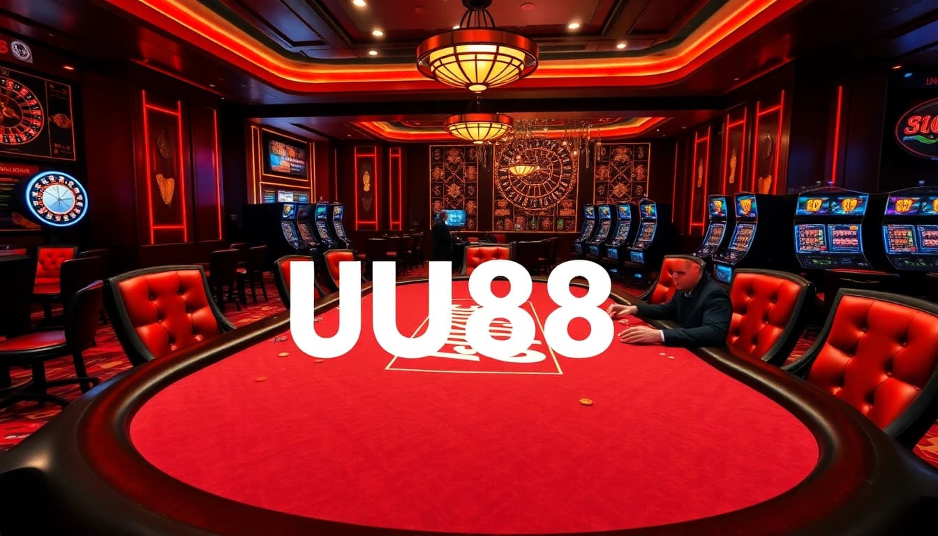 UU88 poker players strategizing at a high-stakes table in an elegant casino.