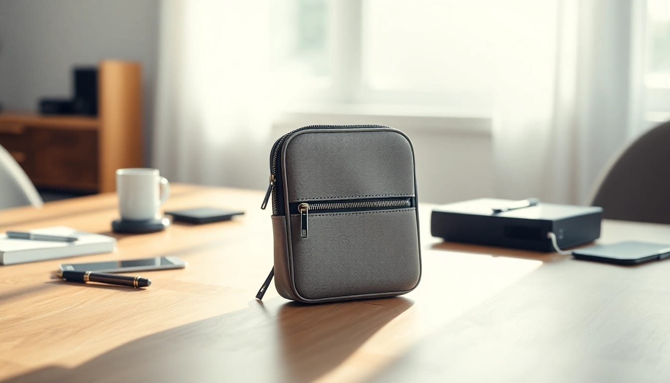 Model showcasing abschließbare Handytasche with intricate design and functionality.