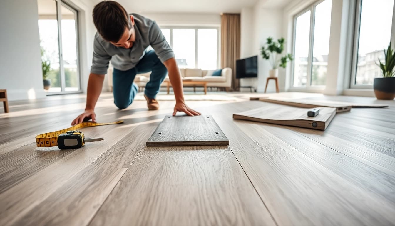 Laying vinyl flooring in a modern home, showcasing craftsmanship and precision.