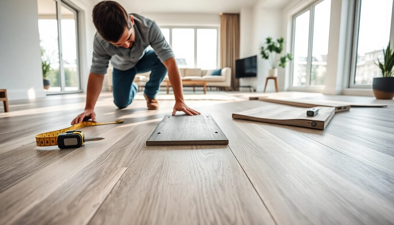 Laying vinyl flooring in a modern home, showcasing craftsmanship and precision.