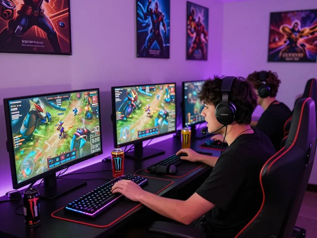SC88 VIP gaming scene with player immersed in vibrant online gameplay, surrounded by accessories and immersive lighting.