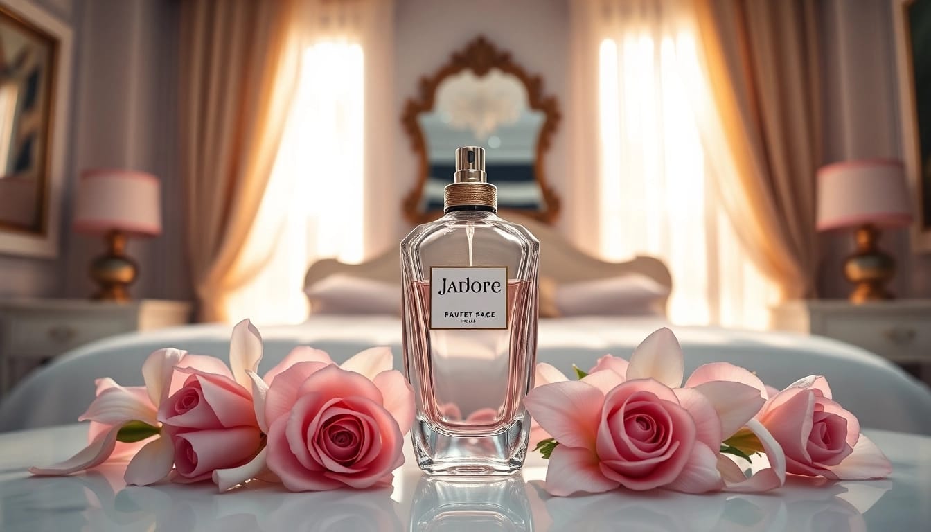 Highlighting the elegant Jadore perfume bottle surrounded by delicate flowers.