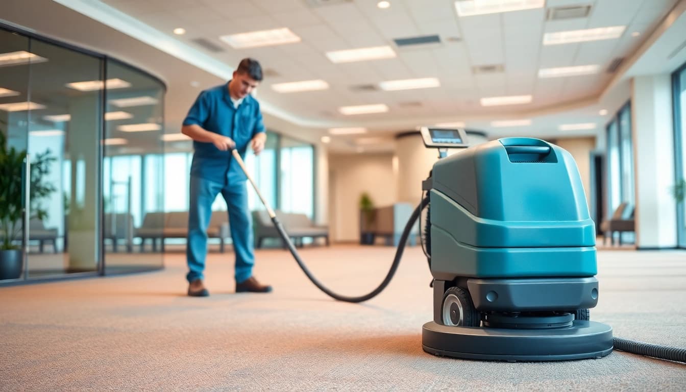 Expert performing commercial carpet cleaning to ensure spotless office environments.