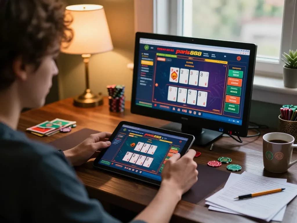 Terlibat dalam permainan online di paris888 dengan tablet, menampilkan interaksi dealer langsung.