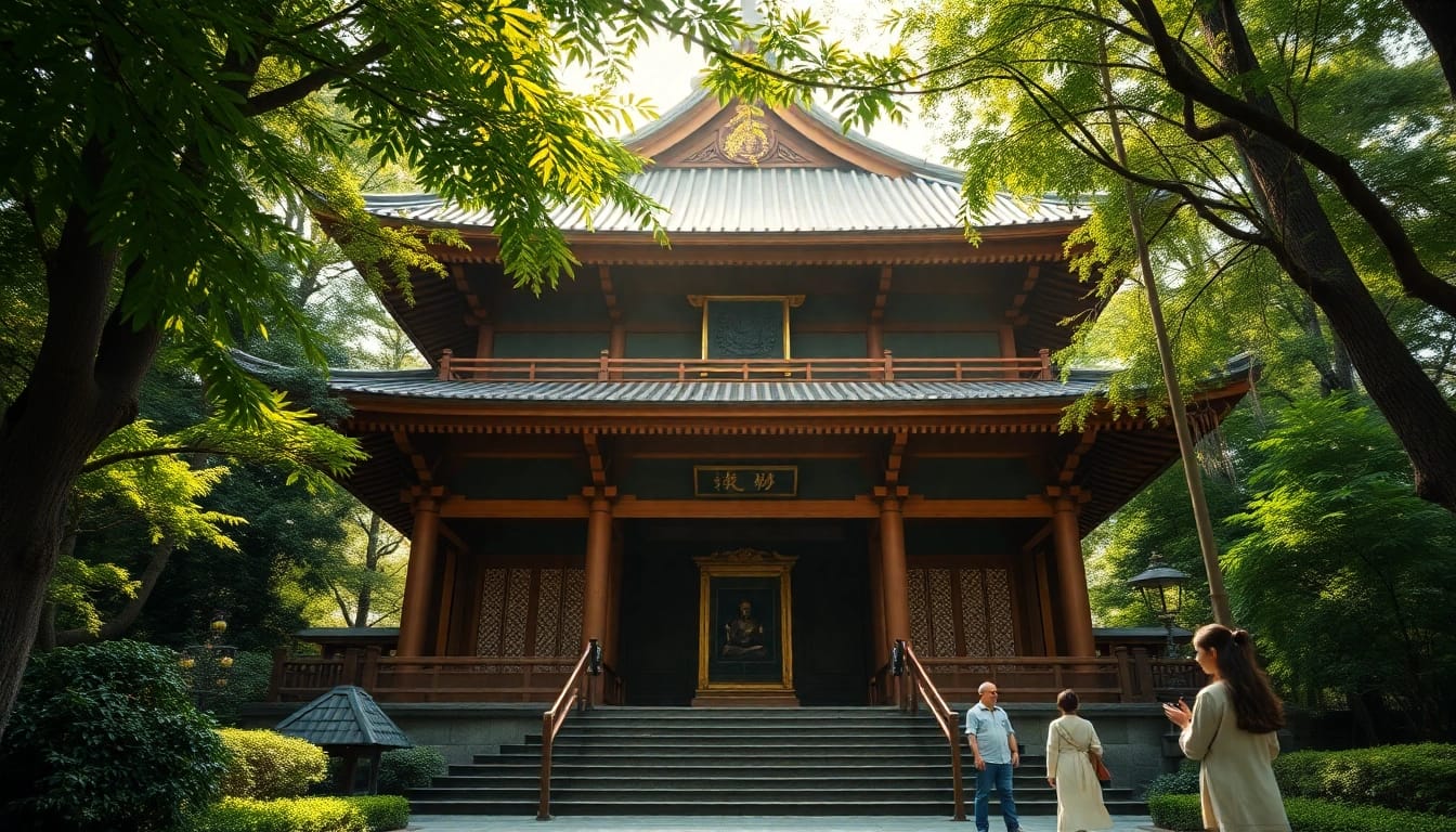 緑豊かな景観、精巧な木工、静かな礼拝者たちが描く即身仏の寺院—この聖なる場所の静けさを示す画像。