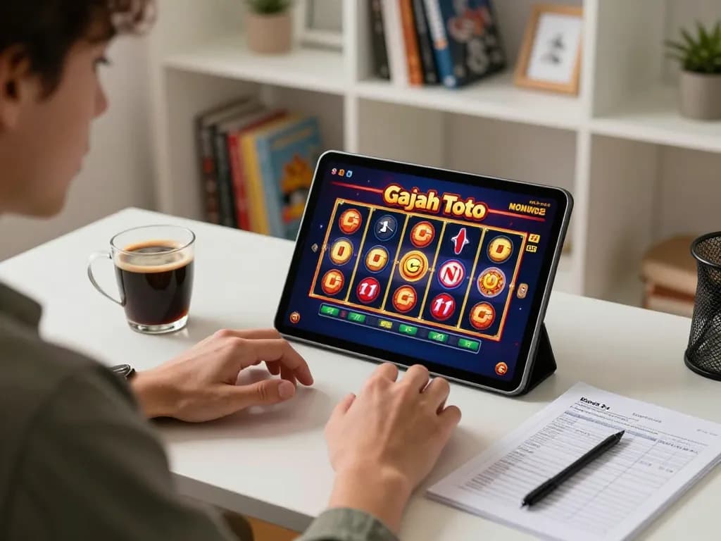 Player enjoying Gajah Toto slot game on tablet in modern home office with strategy notes.