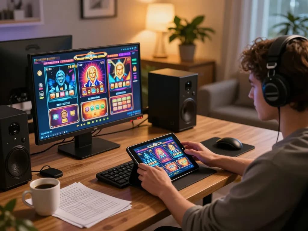 Link 79king showcases a player enjoying online slots in a cozy home environment.