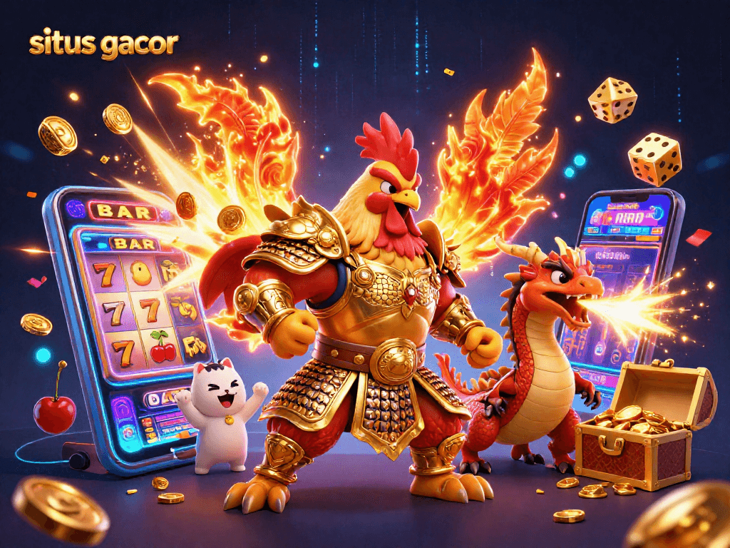 Engage with situs gacor featuring lively characters, dynamic slot machine action, and vibrant casino elements.