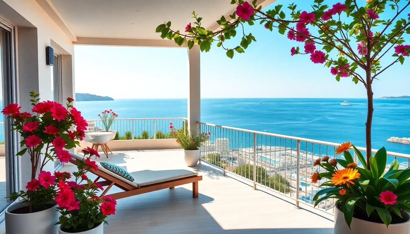 View of alanya apartments for sale with Mediterranean backdrop and vibrant balcony flowers.