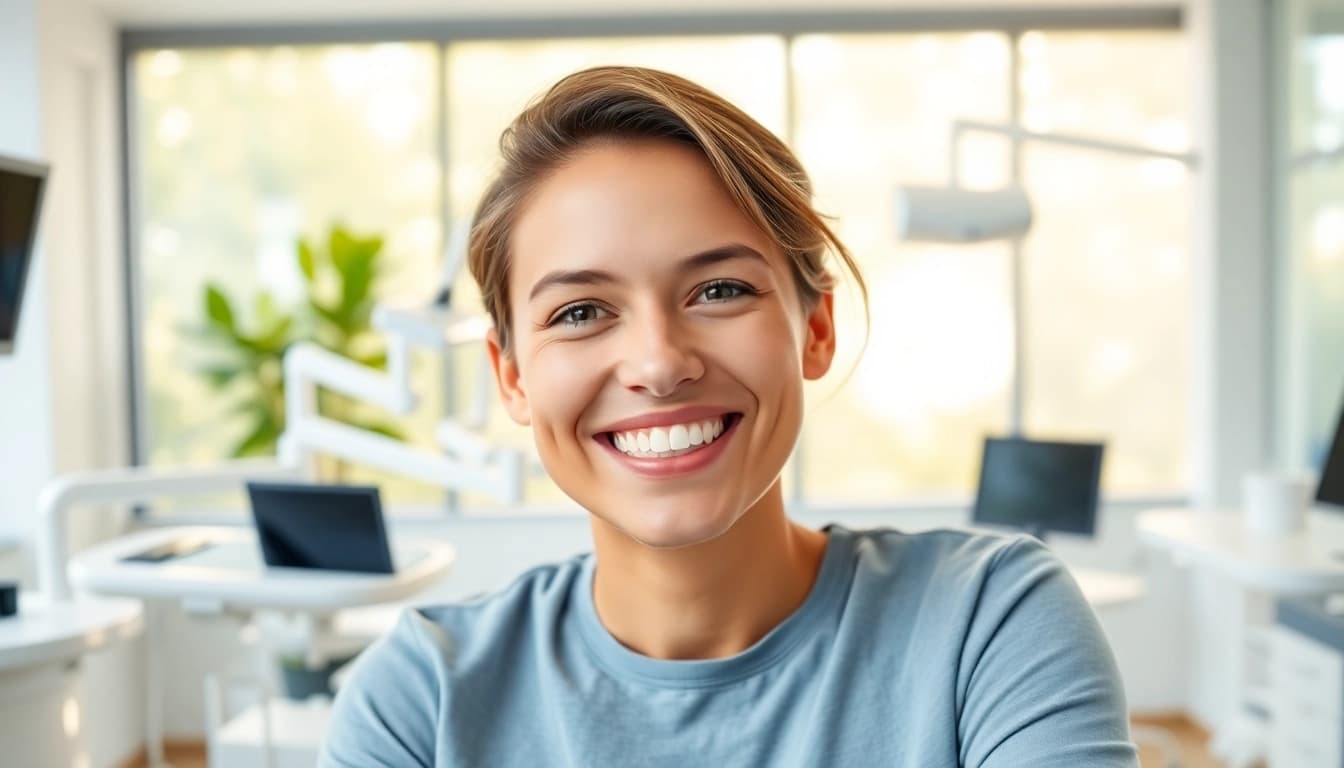 Showcasing Invisalign for adults Hawthorn, a confident person smiles with clear aligners in a modern dental office.