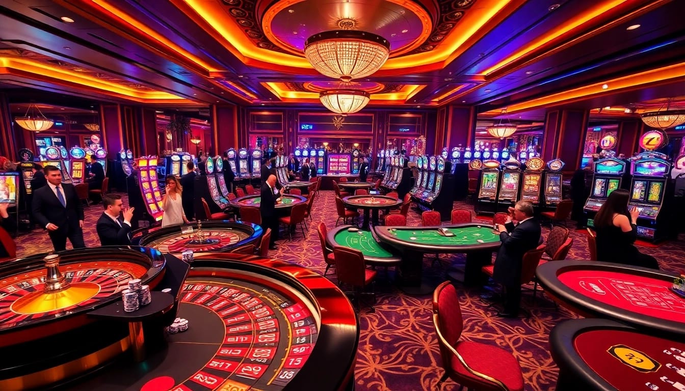 Exciting casino scene with tables displaying KJC poker and roulette games, vibrant atmosphere.