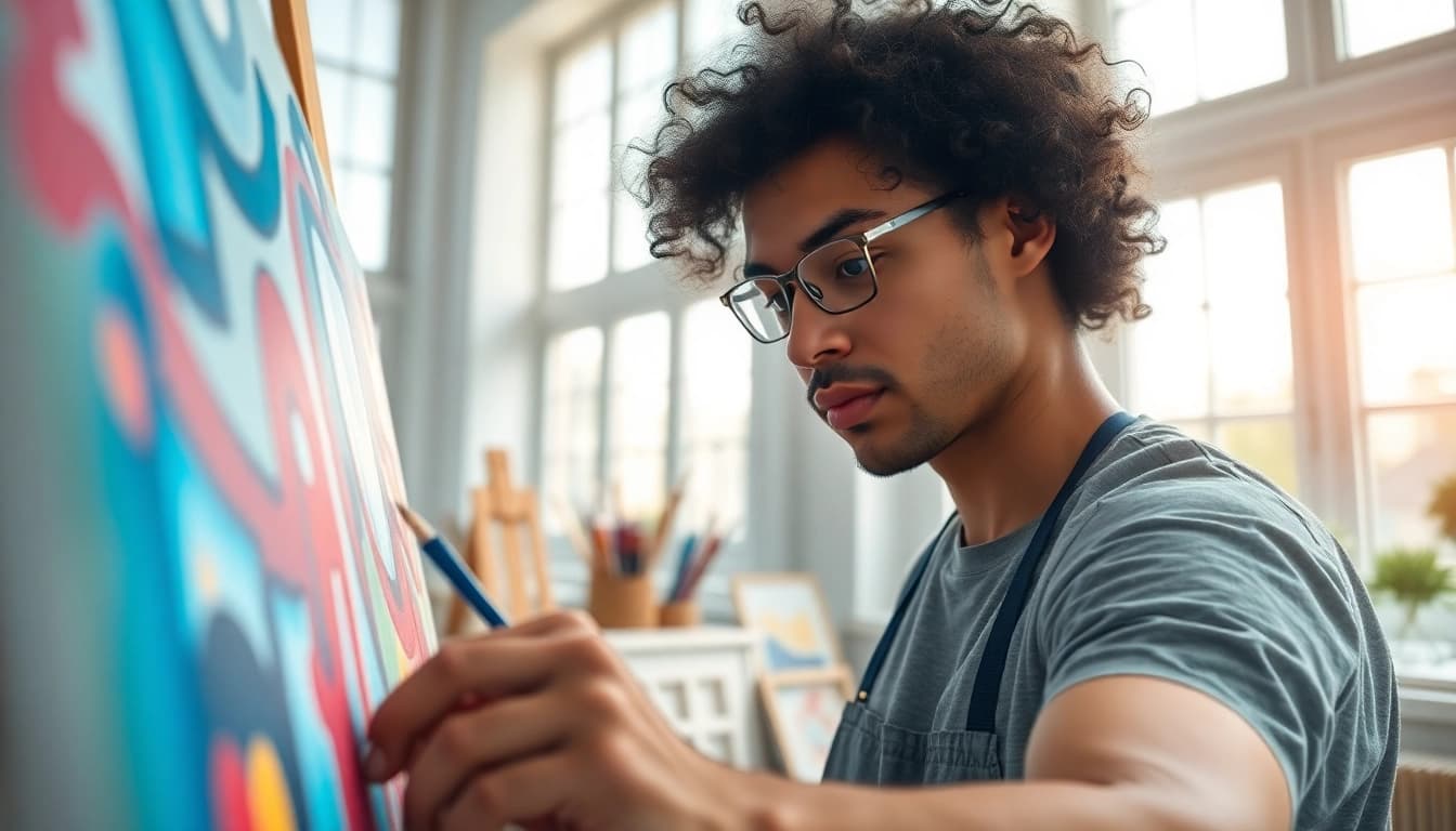 Canvas kunstwerk in een creatieve studio met een geconcentreerde kunstenaar.