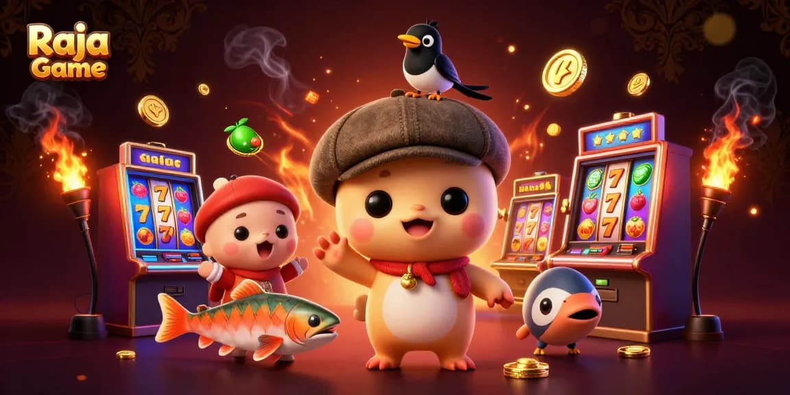 Spin to win with Raja Game, showcasing vibrant slot machines and charming characters in a lively casino scene.