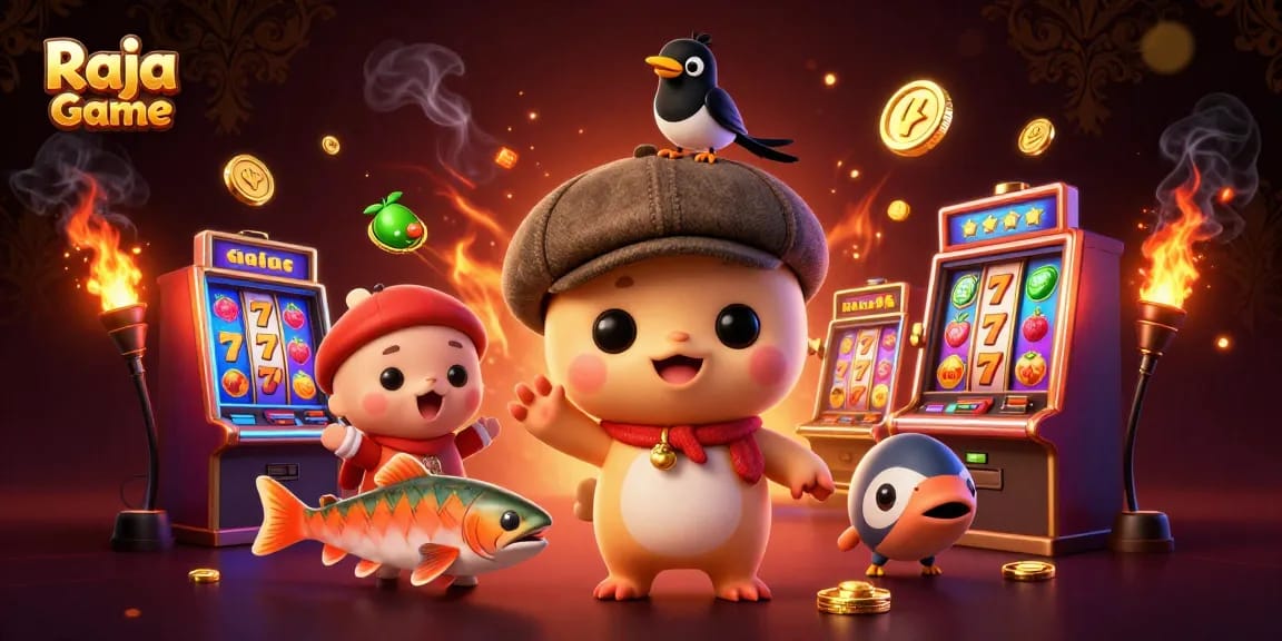 Spin to win with Raja Game, showcasing vibrant slot machines and charming characters in a lively casino scene.