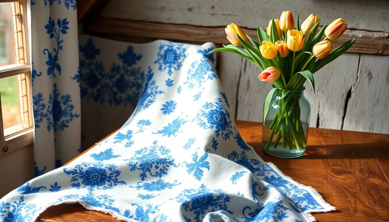 Bekijk de unieke delfts blauwe stof met traditionele patronen op deze foto.