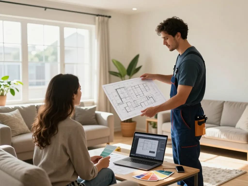 Home renovation consultation with couple and contractor discussing design plans in bright living room.