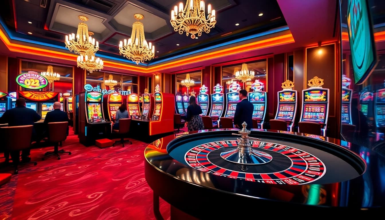 Permainan kasino yyrr dengan tabel roulette dan mesin slot yang cerah.
