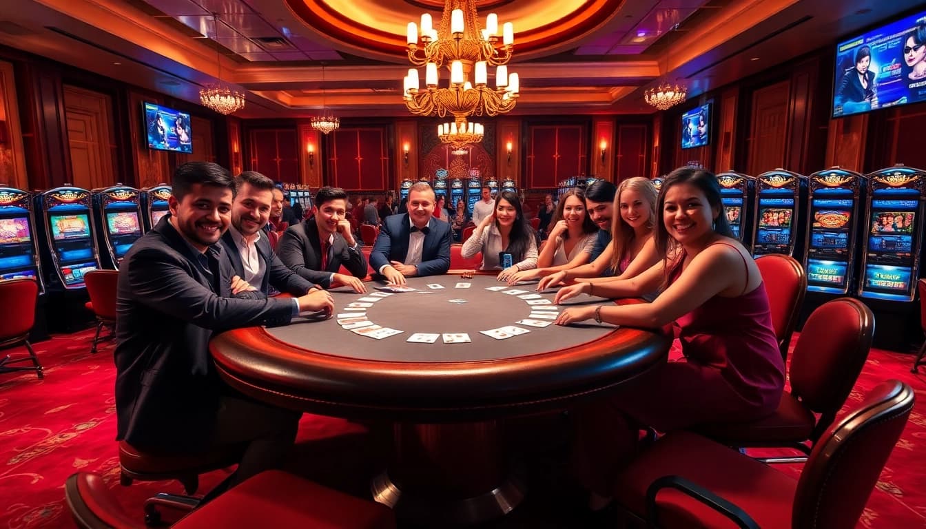 KPI4D poker table scene with excited players showcasing chips and cards in a luxurious casino.
