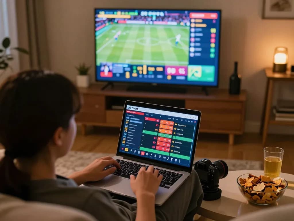 Engaging online betting scene featuring thabet live sports odds on laptop in a cozy home.