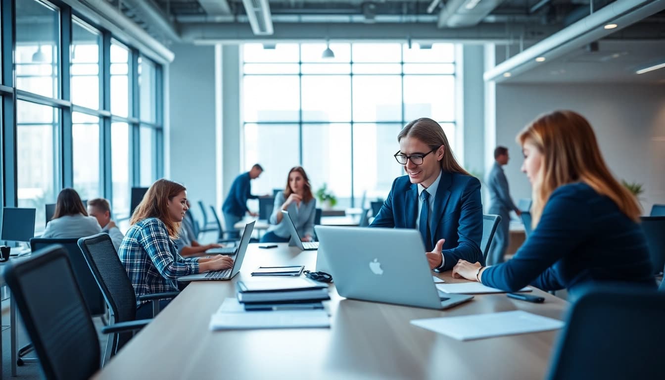 Engaging enterprise assistant facilitating communication and collaboration in a vibrant workspace.