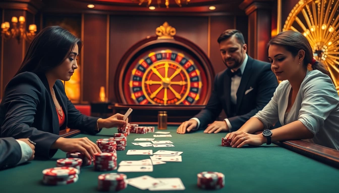 Nha cái uy tín 32win poker scene with elegant chips and cards at a luxury casino.