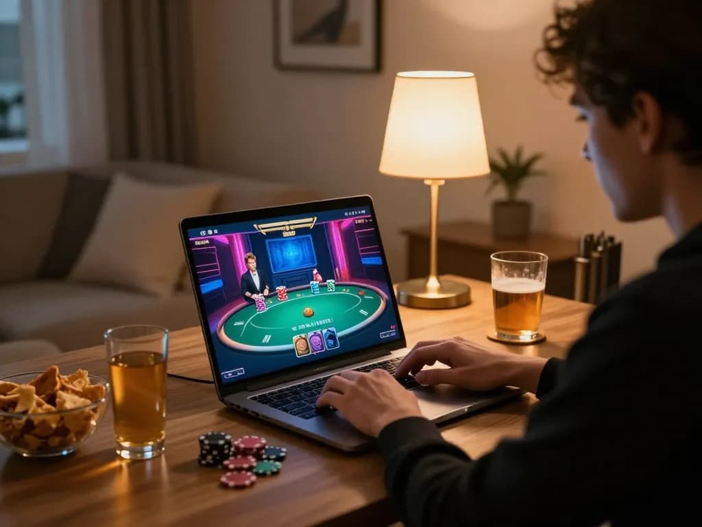 Engaged player on BetBet enjoying online poker from home setting, showcasing comfortable gaming atmosphere.