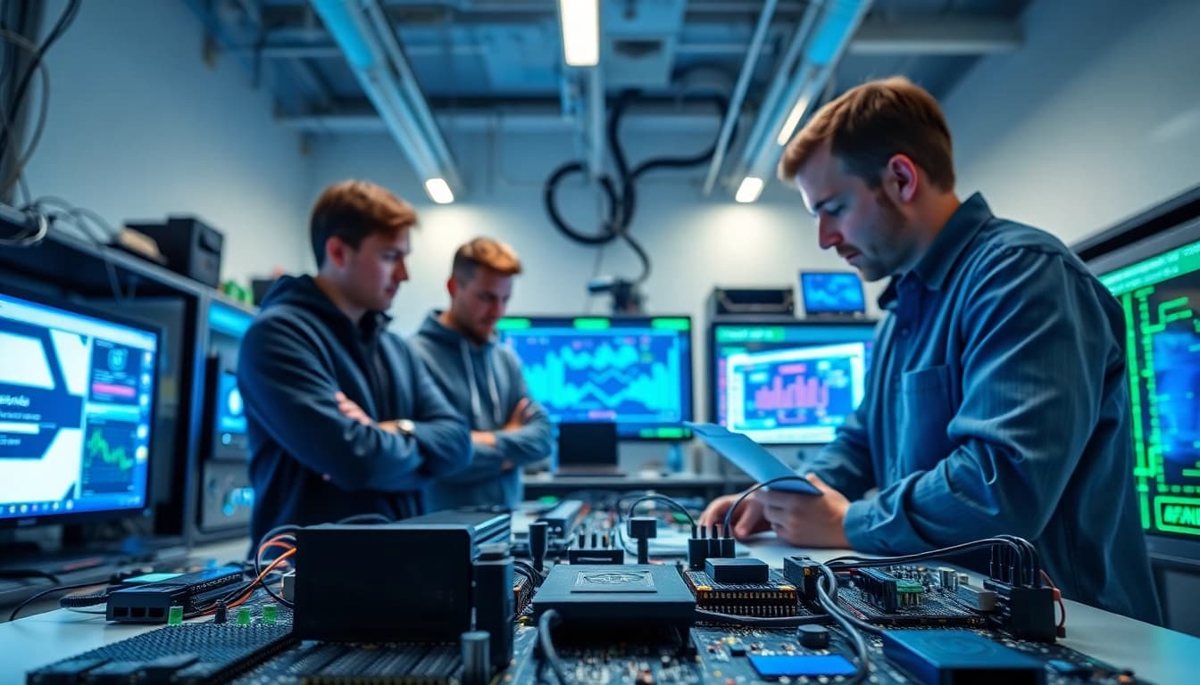 Engineers configuring a LoRa module in a modern tech lab setting to enhance wireless communication.
