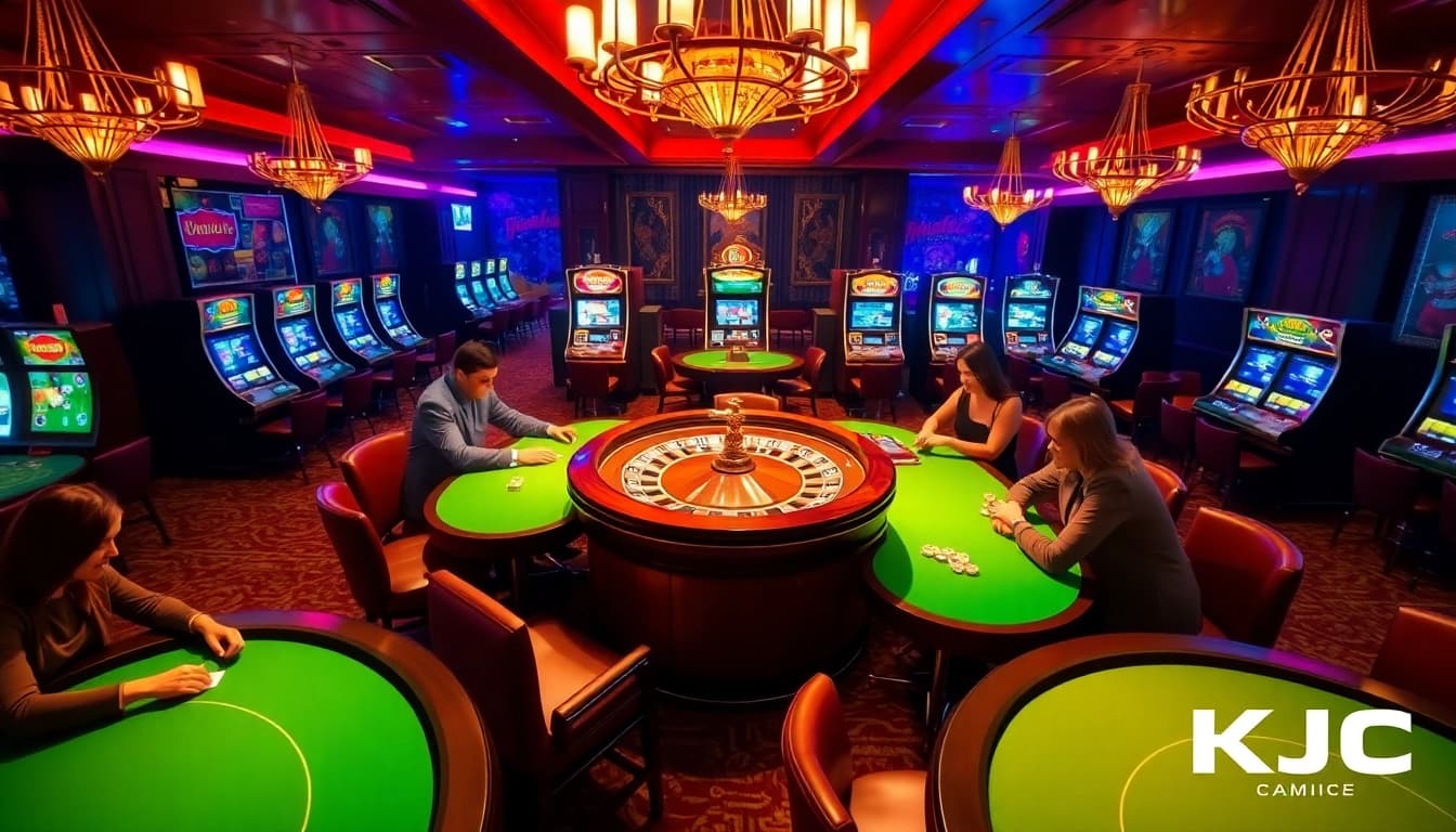 KJC premium casino experience with poker tables, roulette wheel, and elegant lighting.