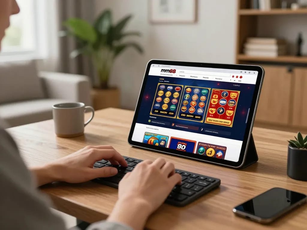 Player engaging with the mm88 đăng nhập screen while enjoying online gambling at home, showcasing a modern and inviting atmosphere
