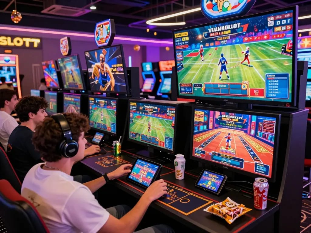 Exciting VEGASSLOT77 online gaming scene with players engaged in interactive casino games and high-tech devices.