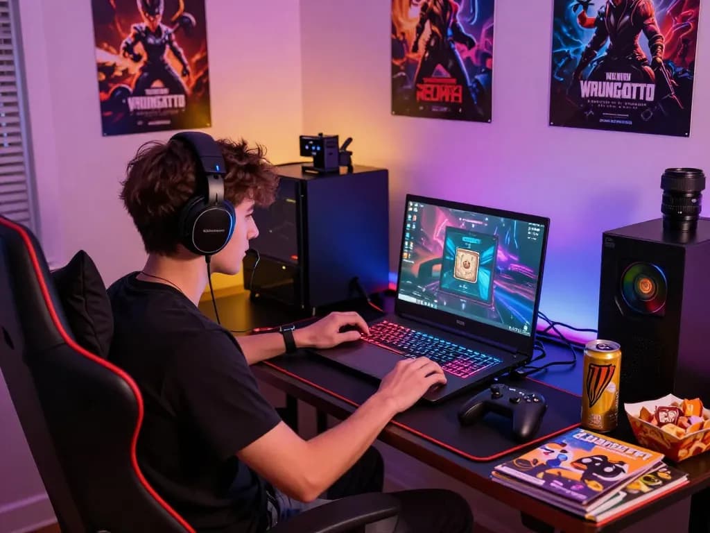 Engaged gamer exploring wraungtoto website on high-end laptop in cozy setup with gaming accessories.