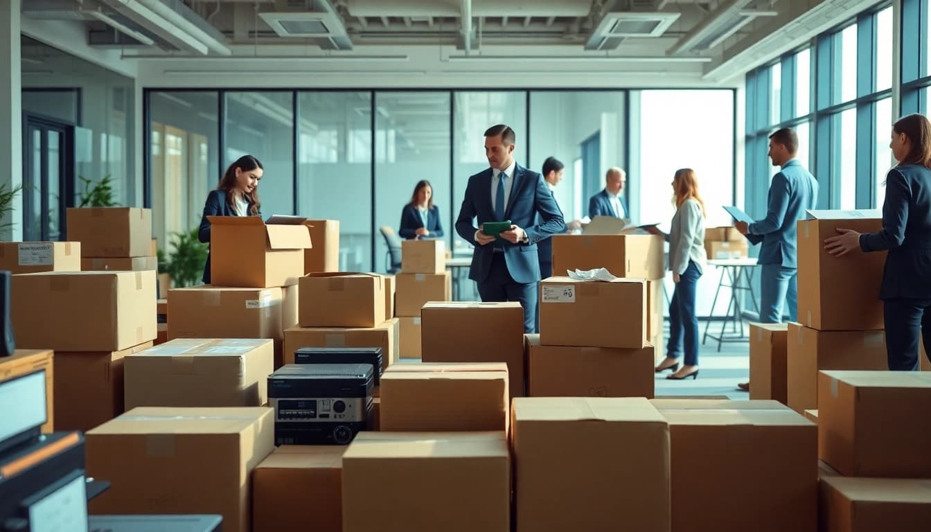 Facilitating corporate relocation with professionals packaging office items efficiently.