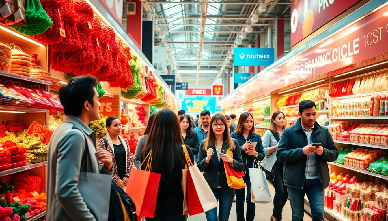 Explore a vibrant shopping environment at www.tuut.shop/en-SA showcasing diverse products and eager shoppers.