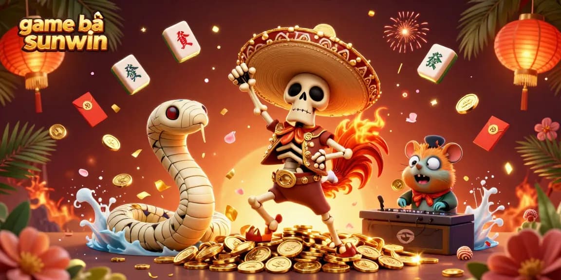 Experience excitement with game bài sunwin through vibrant 3D illustrations of winning characters and festive casino elements.