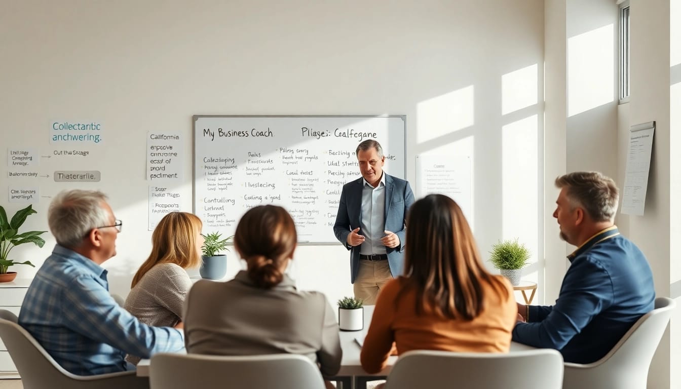 Empowered business coach California engaging diverse clients in motivation-driven session.