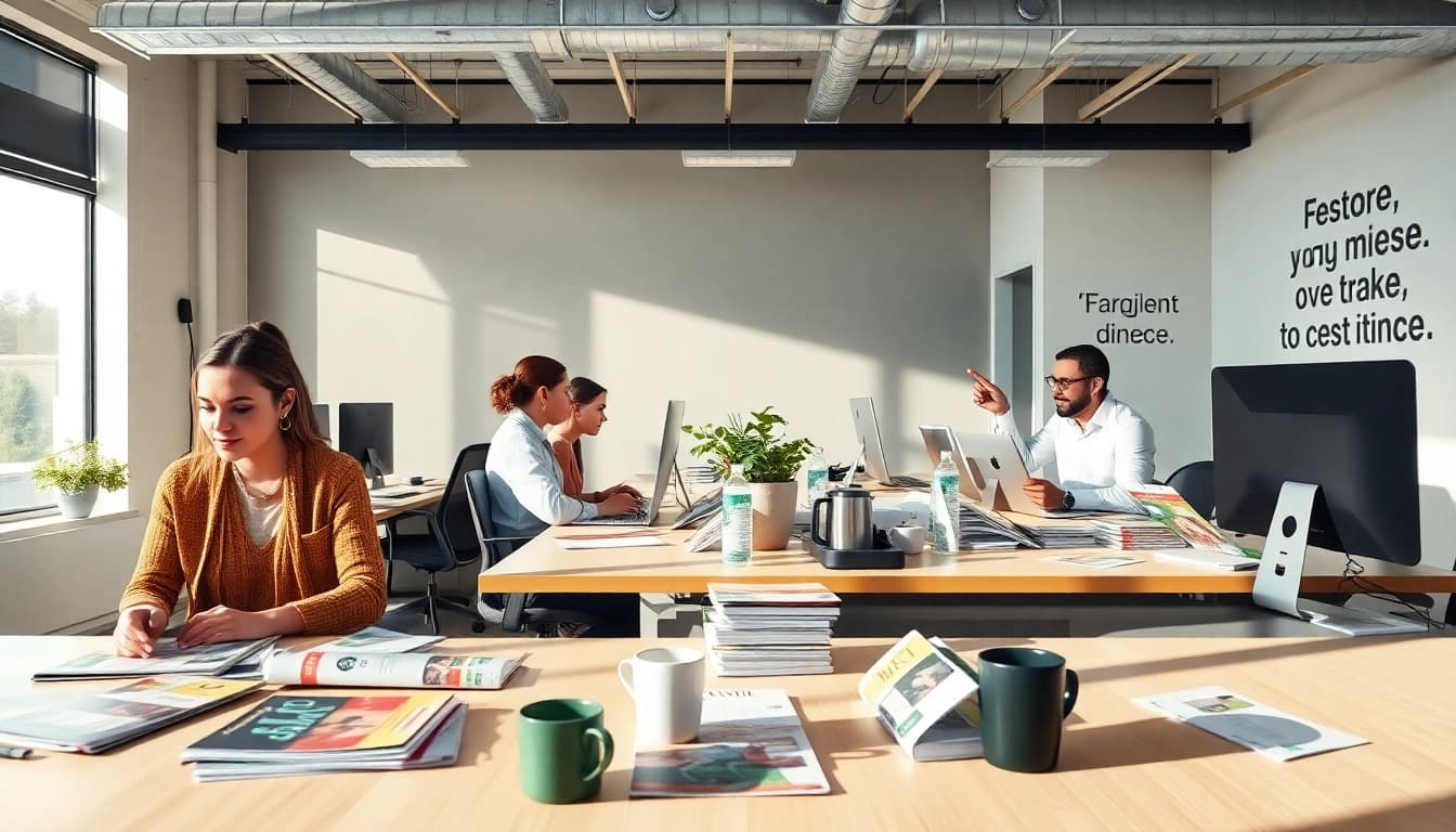 Team at a direct mail company planning marketing strategies and projects.