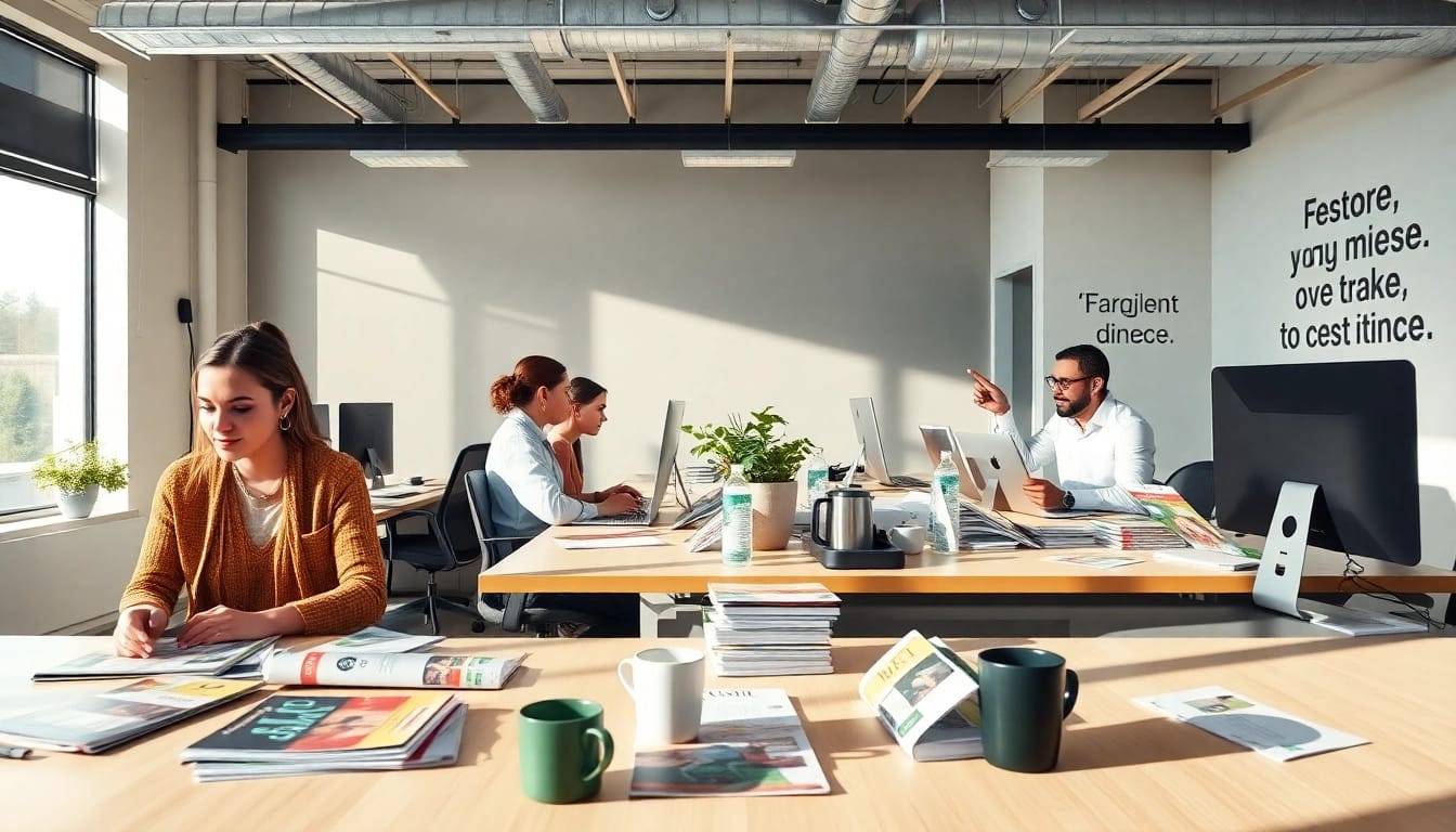 Team at a direct mail company planning marketing strategies and projects.