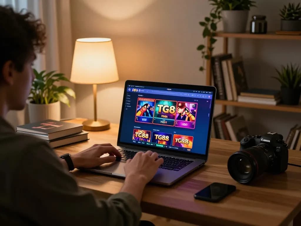 Player engaging with TG88 casino app on laptop in a cozy home gaming setup.