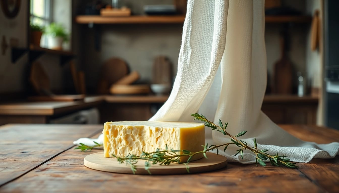 Een kaasdoek die gebogen is over een houten tafel met ambachtelijke kaas, versierd met kruiden.