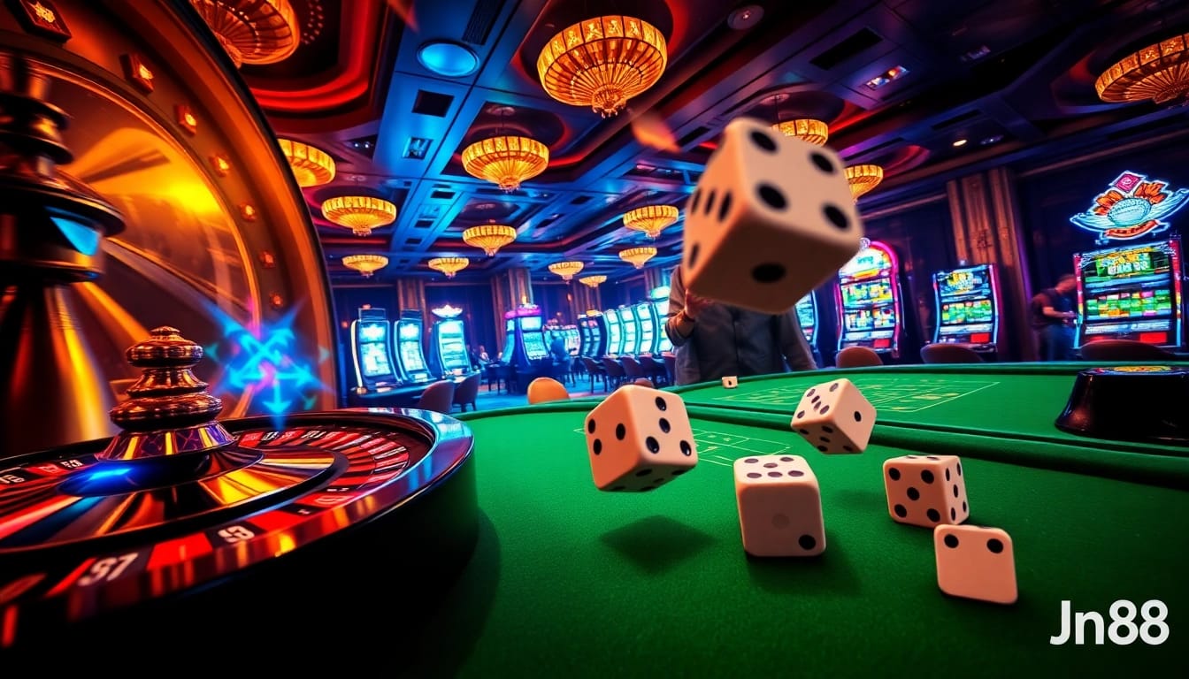 Experience the thrill of gambling with Jun88 at a luxurious casino vibrant with action.