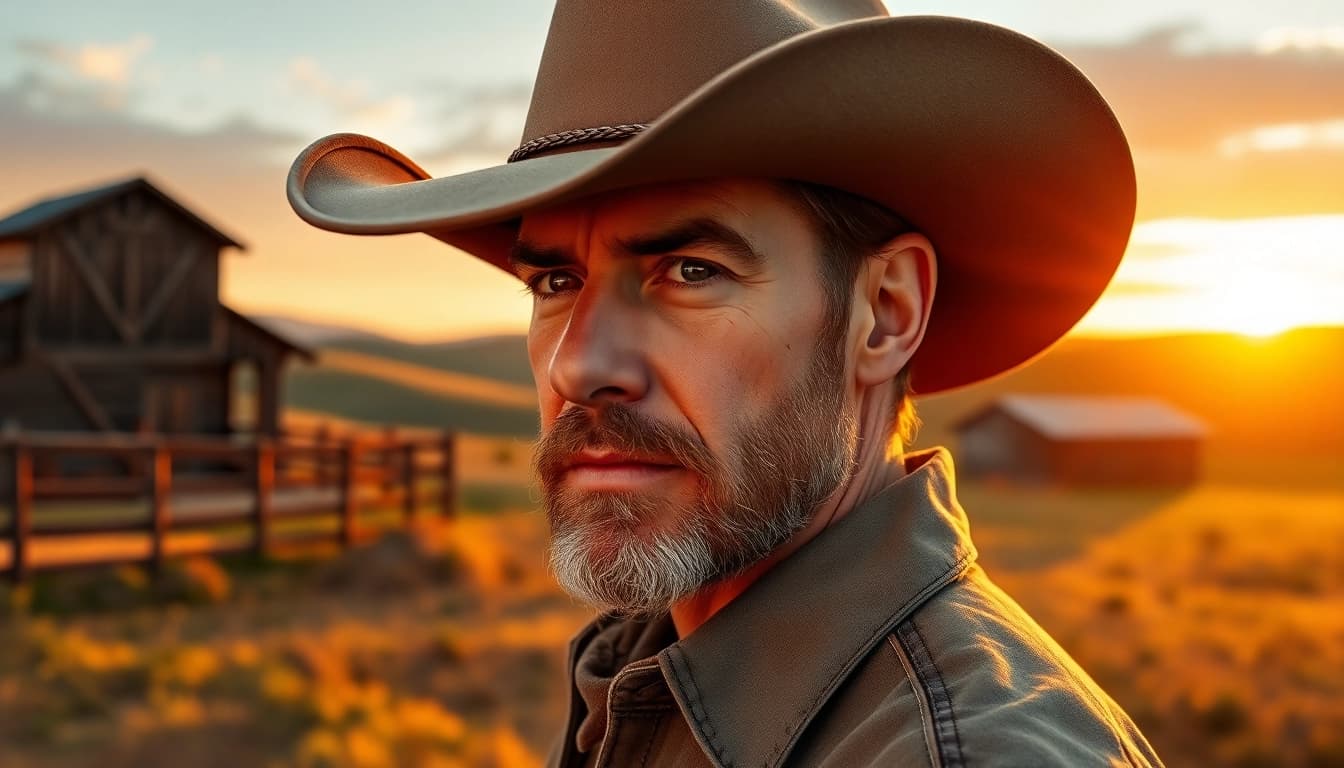 Shop for high-quality Cowboy Hats worn by a rugged cowboy against a sunset backdrop.