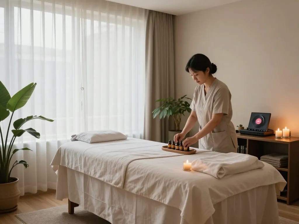 Relaxation and tranquility in a 치평동마사지 spa with soothing ambient lighting and aromatherapy.