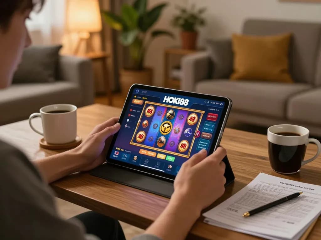 Pemain menang besar di permainan slot kasino online hoki88, menggambarkan kegembiraan di pengaturan permainan rumah.