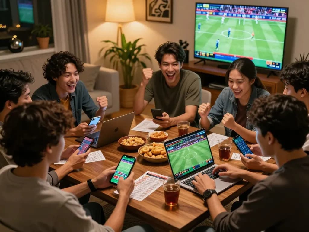 Cakhiatv sports betting scene with friends cheering and placing bets on mobile devices.